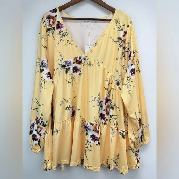 Linjou plus size 4X Women’s Yellow Floral Boho V-neck Long Sleeve Blouse - Picture 1 of 7